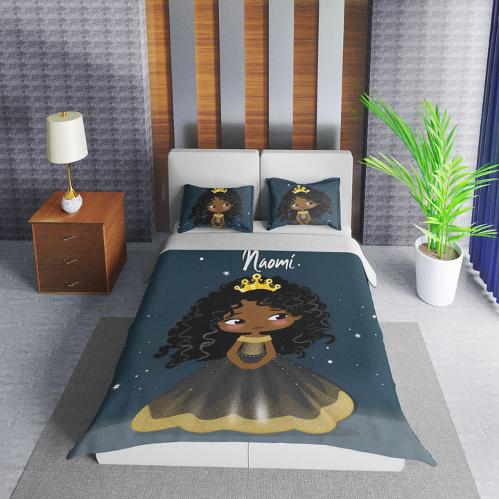 Personalized Little Melanin Queen Black Girl Magic Gold Glitter Princess Duvet Cover Bedding Set