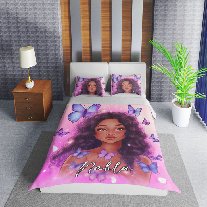 Personalized Butterfly Pink Black Girl Duvet Cover Bedding Set