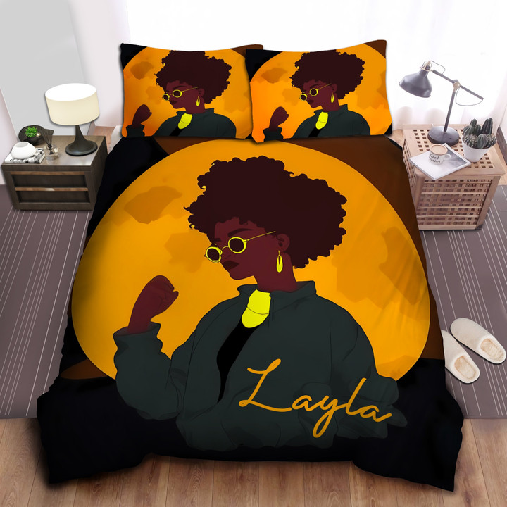 Personalized Black Girl Wear Glasses Yellow Duvet Cover Bedding Set