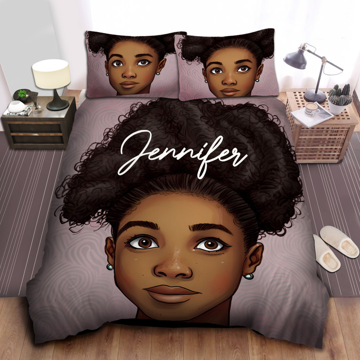 Personalized Black Girl High Curly Bun Hairstyle Duvet Cover Bedding Set