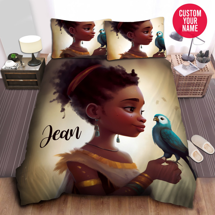 Personalized Afro Girl Black Little Girl And A Bird Duvet Cover Bedding Set