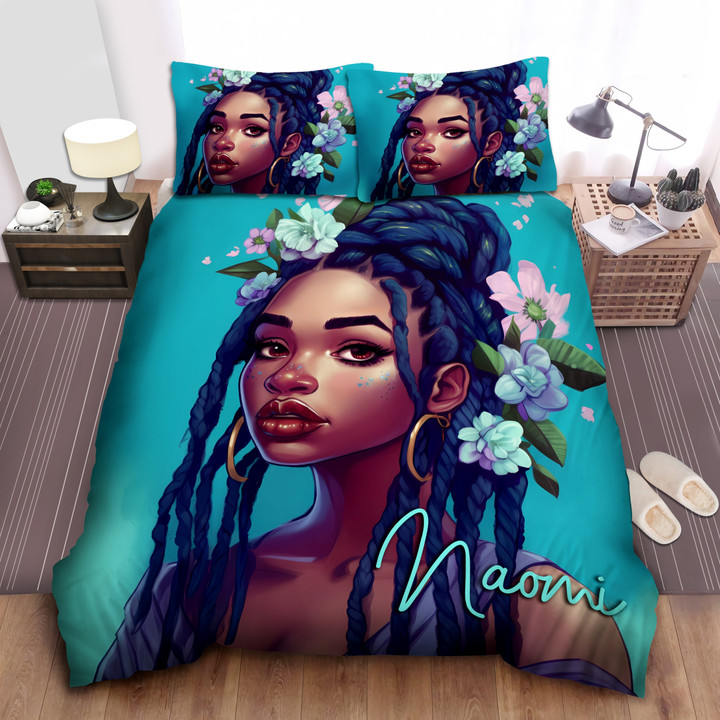 Personalized Black Girl Green Loc Hairstyles Duvet Cover Bedding Set