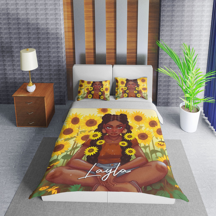 Personalized Black Girl With Sunflower Braids Duvet Cover Bedding Set