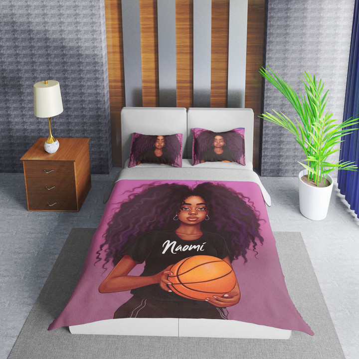 Personalized Black Girl Long Afro Hairstyle Basketball Duvet Cover Bedding Set