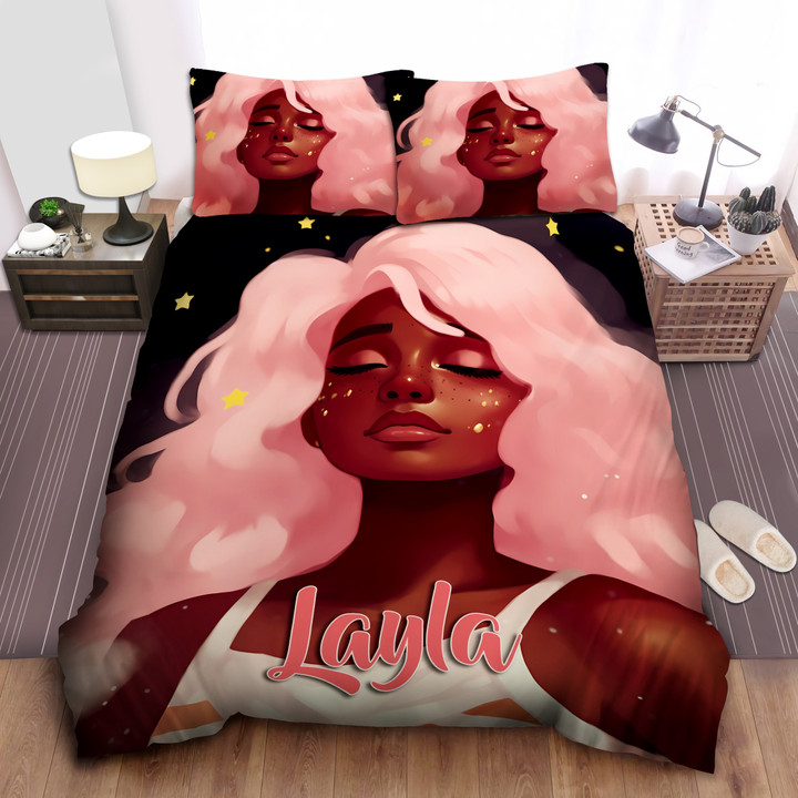 Personalized Sweet Black Girl African American Pink Hair Melanin Queen Duvet Cover Bedding Set