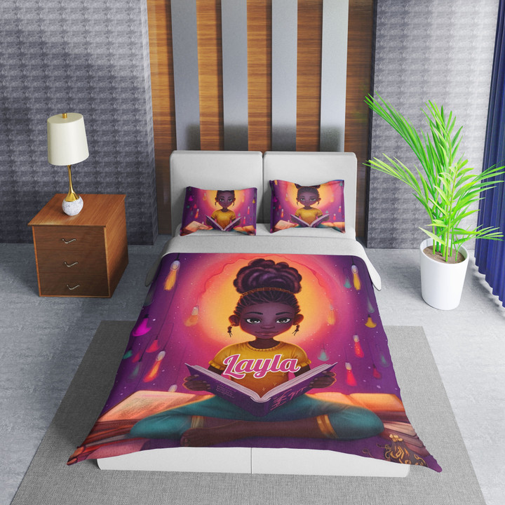 Personalized Little Melanin Queen Black Girl Magic Cool Girl Reading Book Duvet Cover Bedding Set