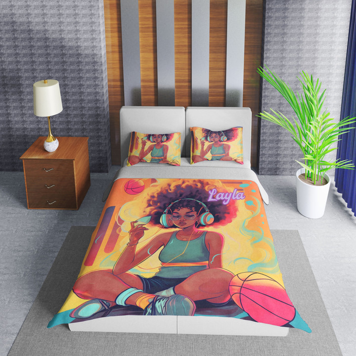 Personalized Black Girl Music And Basketball Duvet Cover Bedding Set