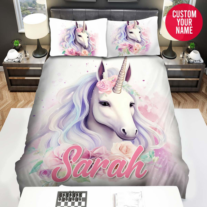 Personalized Unicorn Floral Girly Custom Name Duvet Cover Bedding Set