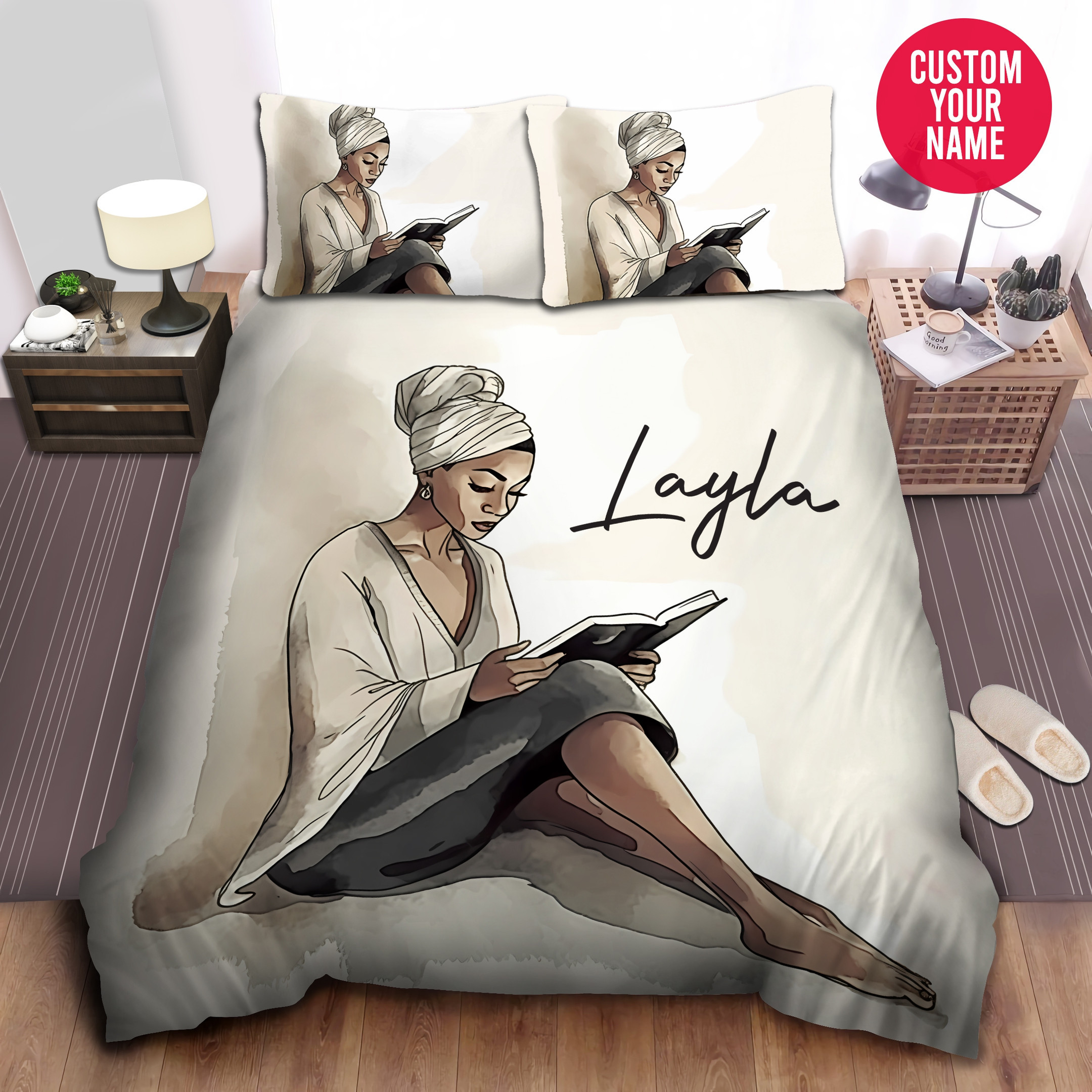 Personalized Black Pretty Girl Reads Book Duvet Cover Bedding Set