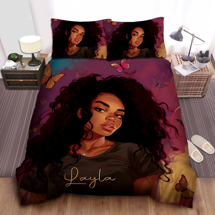 Personalized Black Girl With Purple Butterfly Duvet Cover Bedding Set