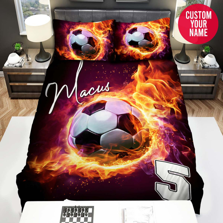 Personalized Soccer Fire Purple Custom Name Duvet Cover Bedding Set