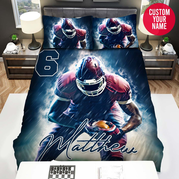 Personalized Football Player With Rain Custom Name Duvet Cover Bedding Set