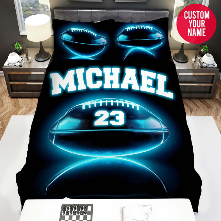 Personalized Football Ball Blue Light Custom Name Duvet Cover Bedding Set