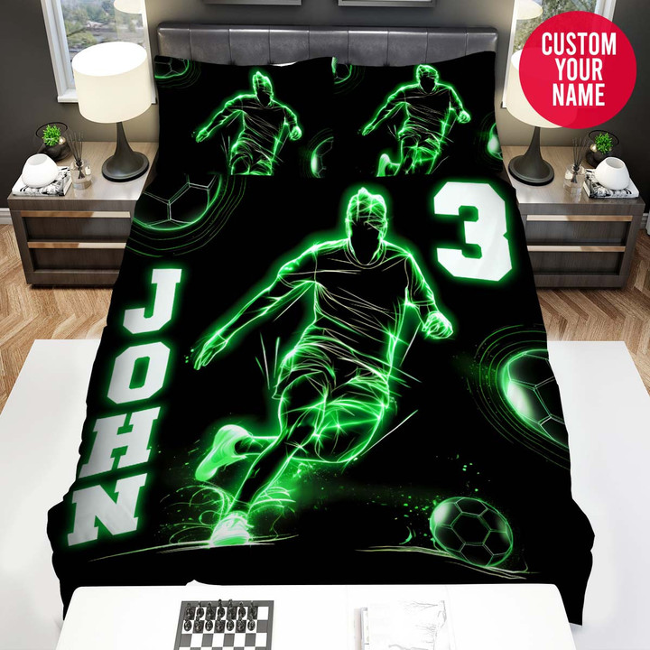 Personalized Soccer Player Green Neon Custom Name Duvet Cover Bedding Set