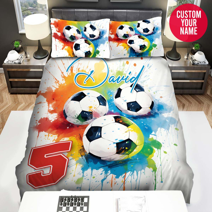 Personalized Soccer Balls Watercolor Custom Name Duvet Cover Bedding Set