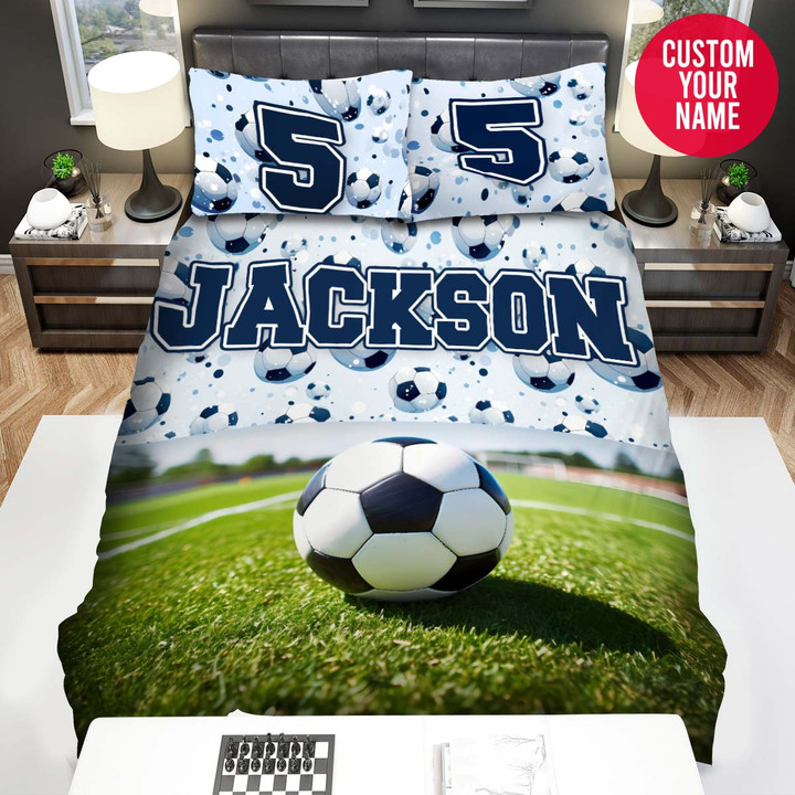 Personalized Soccer Field With Pattern Ball Custom Name Duvet Cover Bedding Set