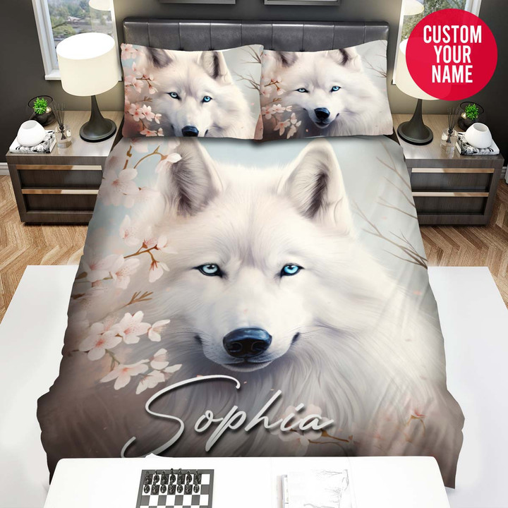 Personalized White Wolf Peach Blossom Custom Name Duvet Cover Bedding Set