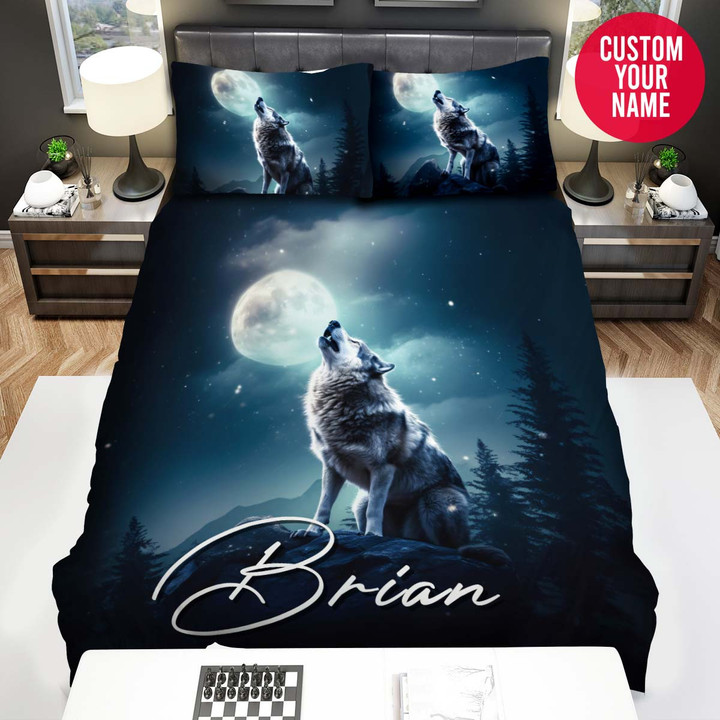 Personalized Wolf Howling Moonlight Background Custom Name Duvet Cover Bedding Set