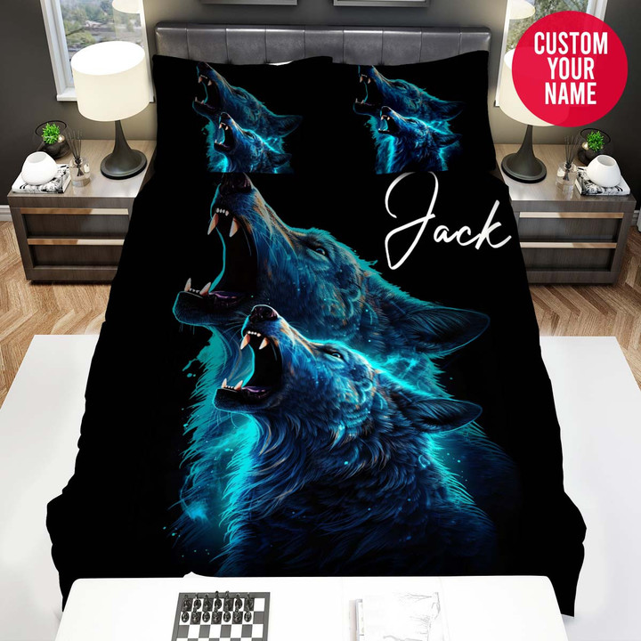 Personalized Wild Wolf Blue Neon Custom Name Duvet Cover Bedding Set