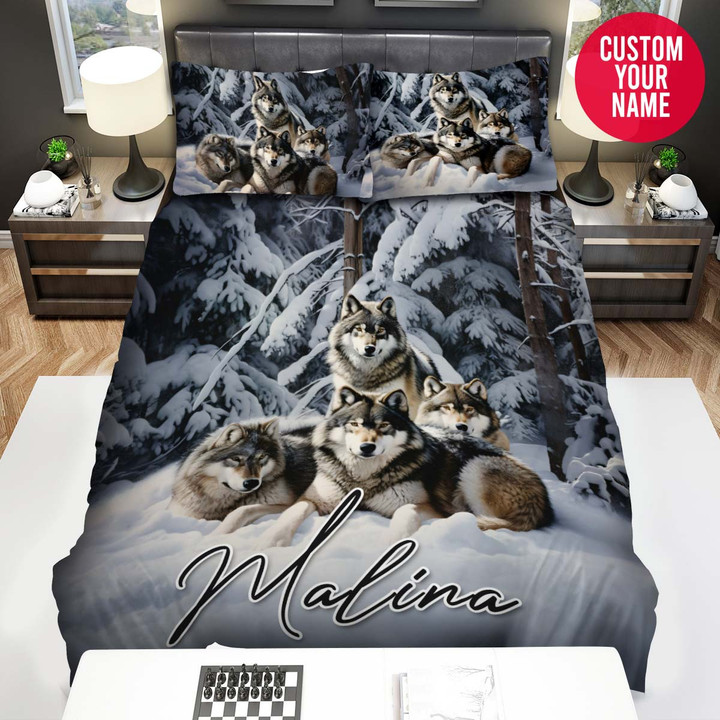 Personalized Wolfs In Snow Forest Custom Name Duvet Cover Bedding Set