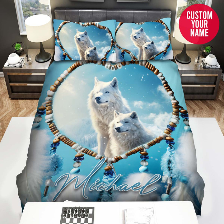 Personalized White Wolf And Native American Feather Custom Name Duvet Cover Bedding Set