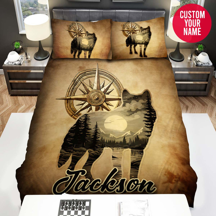 Personalized Wolf With Compass Custom Name Duvet Cover Bedding Set