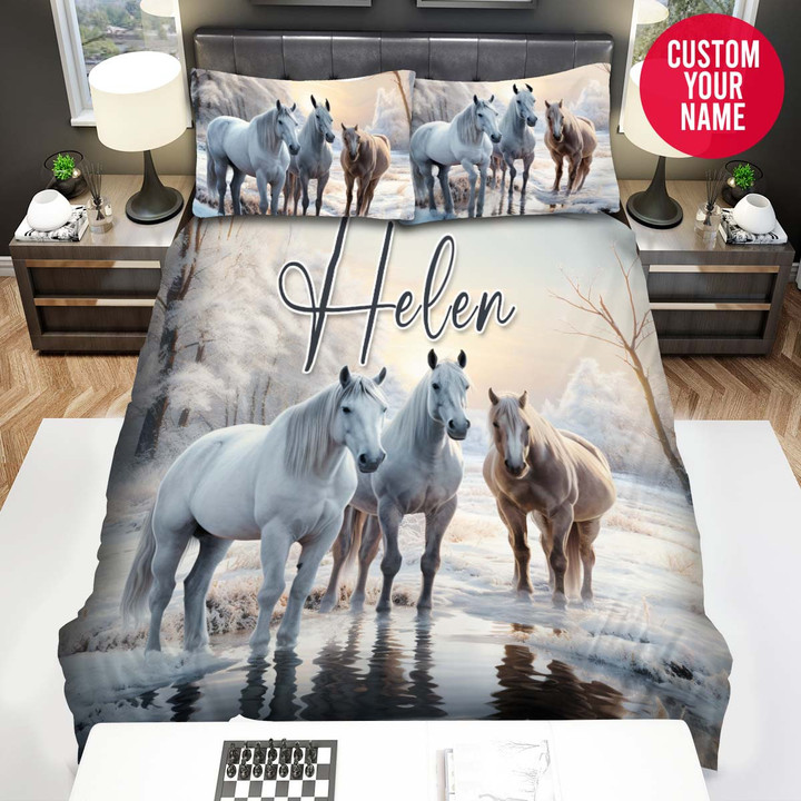 Personalized Beautiful Horse In The Winter Custom Name Duvet Cover Bedding Set