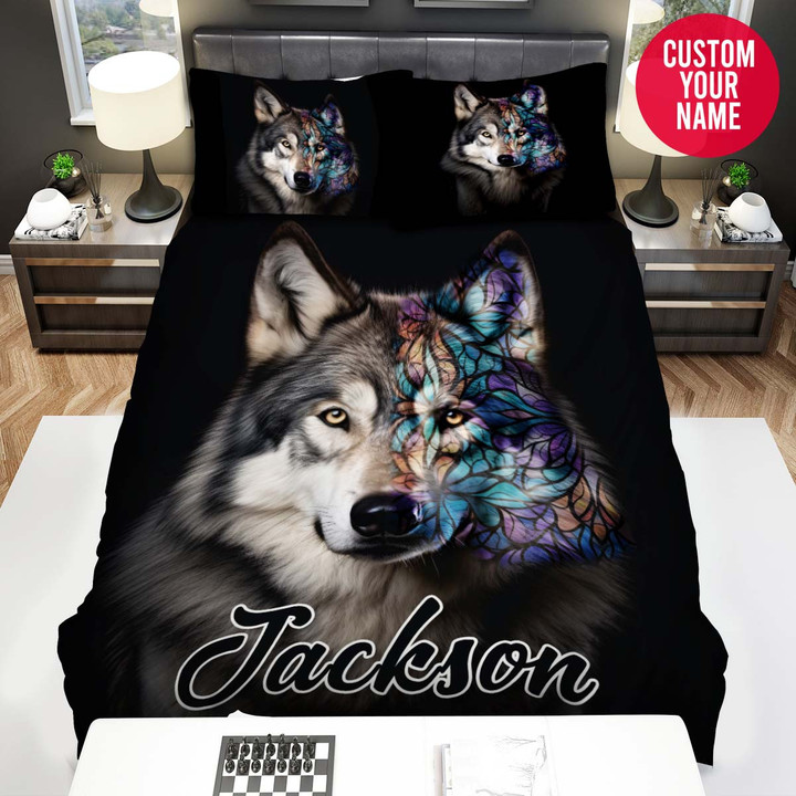 Personalized Wolf Black Background Custom Name Duvet Cover Bedding Set