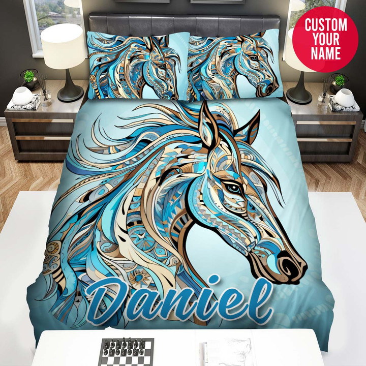 Personalized Tribal Horse Blue Custom Name Duvet Cover Bedding Set