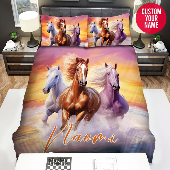 Personalized Running Horses At Sunset Custom Name Duvet Cover Bedding Set
