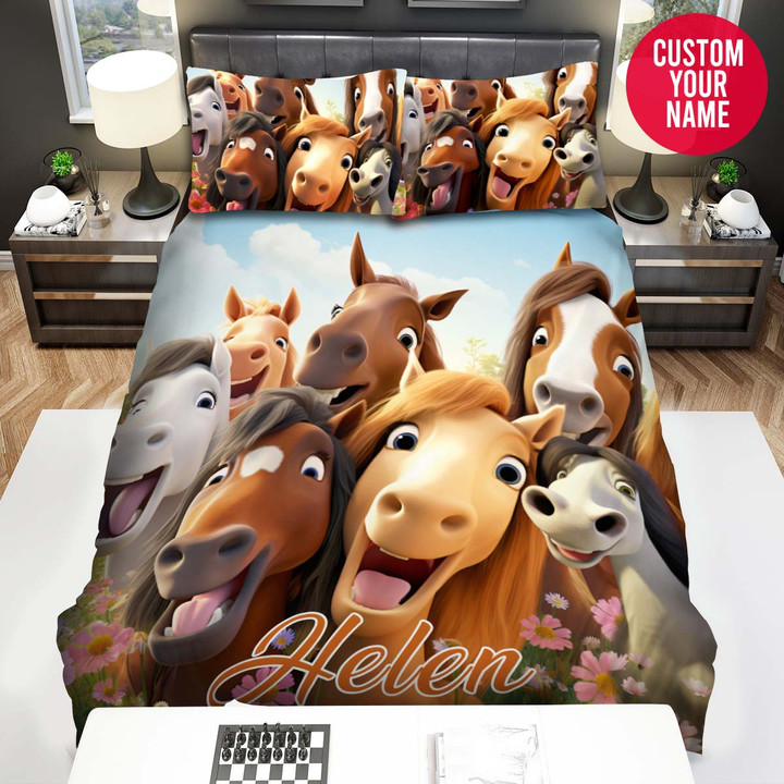Personalized Horses Family Happy Custom Name Duvet Cover Bedding Set