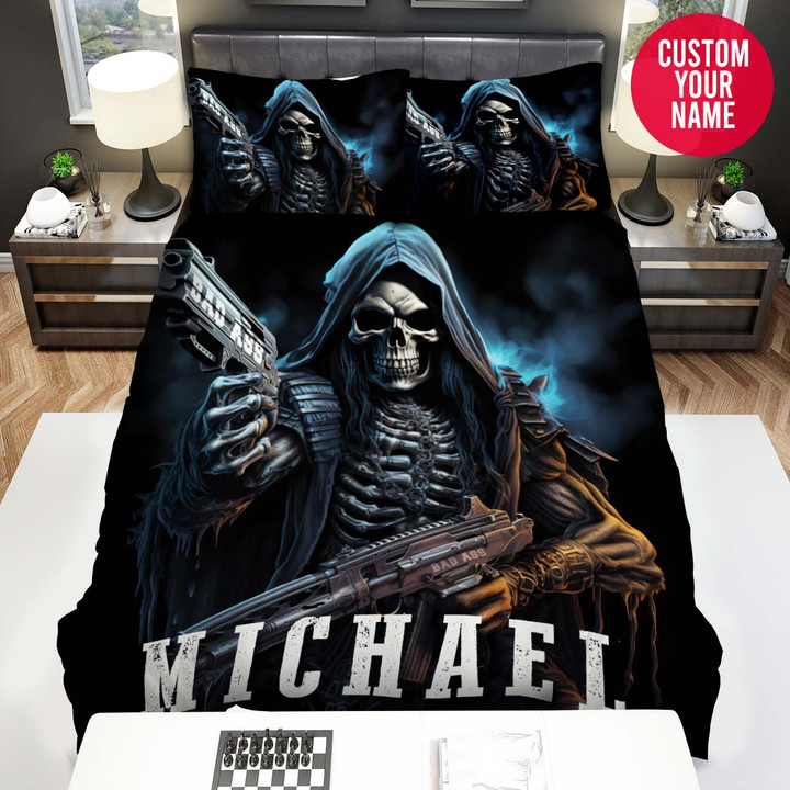 Personalized Badass Skull Holding Guns Custom Name Duvet Cover Bedding Set