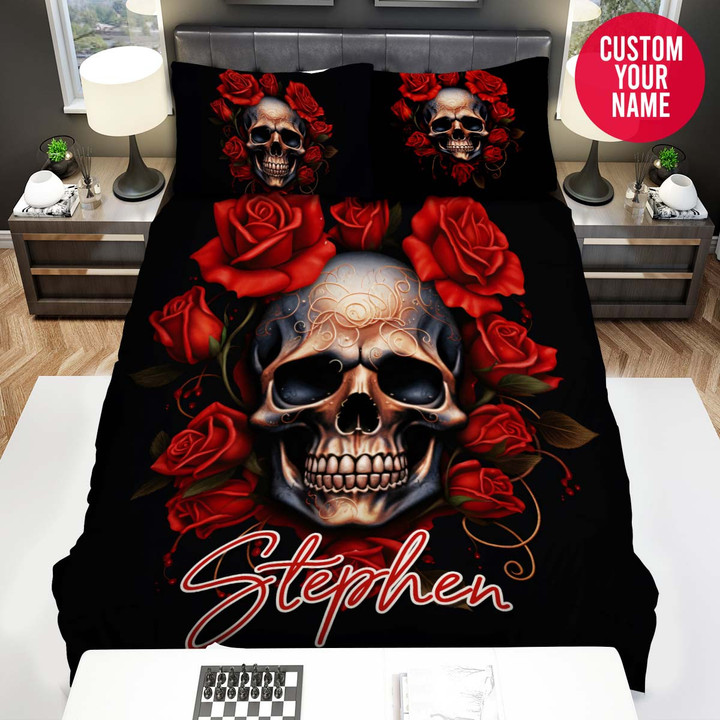 Personalized Skull And Red Roses Custom Name Duvet Cover Bedding Set