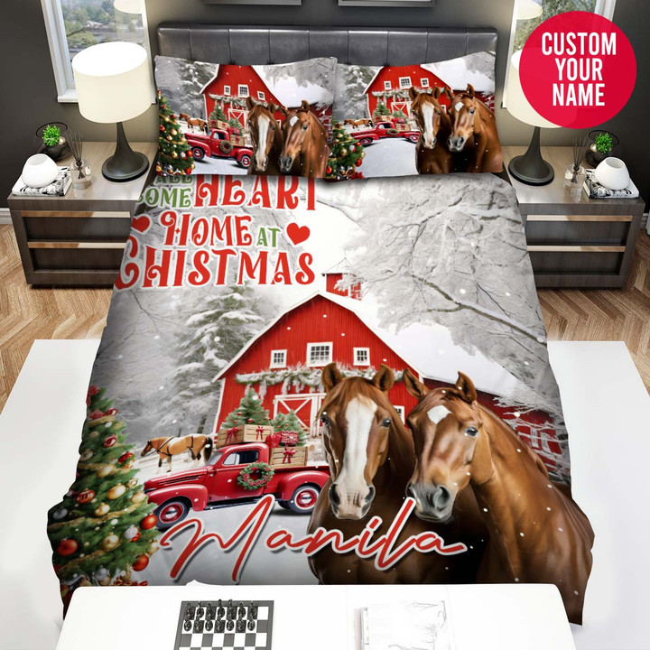 Personalized Horse All Hearts Come Home At Christmas Red Truck Duvet Cover Bedding Set
