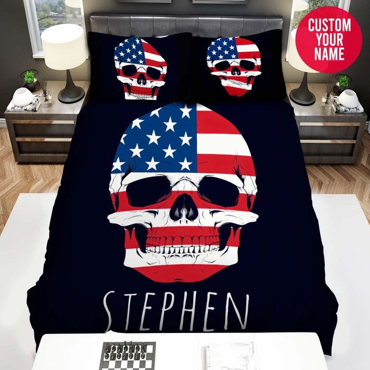 Personalized Skull With American Flag Custom Name Duvet Cover Bedding Set