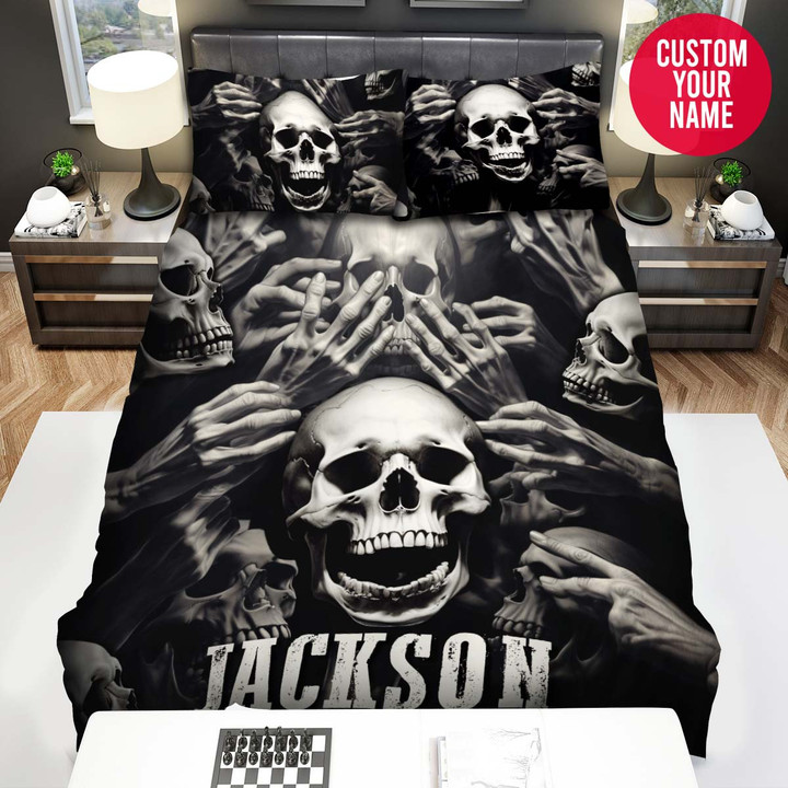 Personalized Screaming Skull With Hand Custom Name Duvet Cover Bedding Set