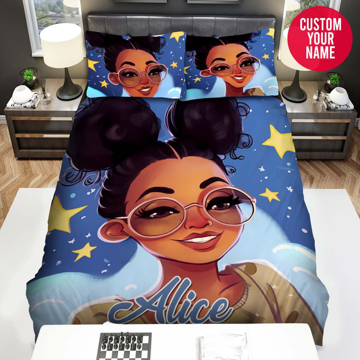 Personalized Black Girl Wear Glasses With Stars Custom Name Duvet Cover Bedding Set