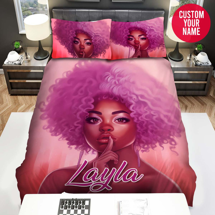 Personalized Black Girl With Pink Hair Style Custom Name Duvet Cover Bedding Set