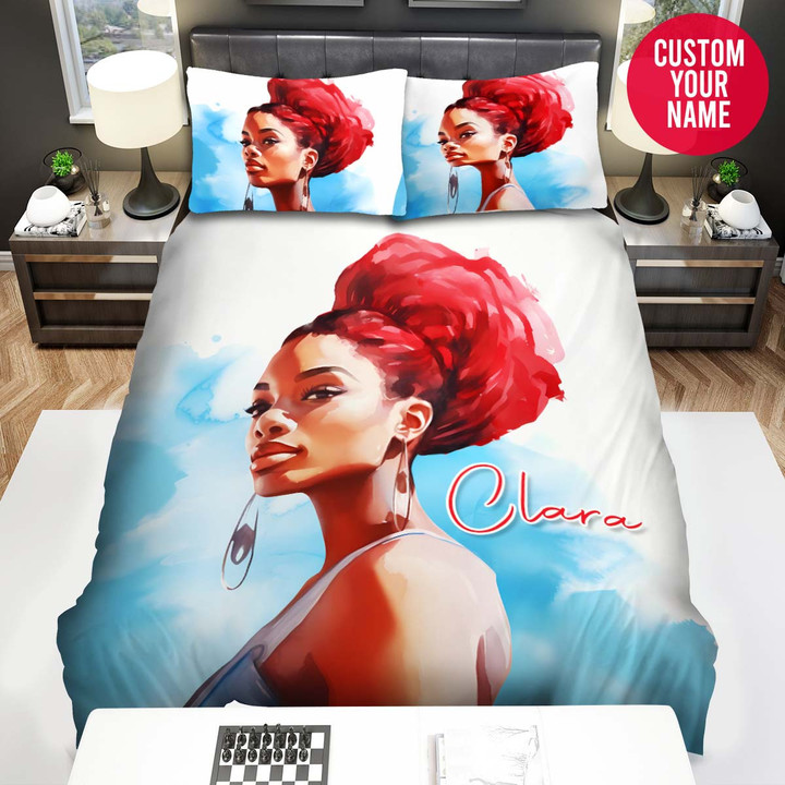 Personalized Black Girl Red Hair Art Custom Name Duvet Cover Bedding Set