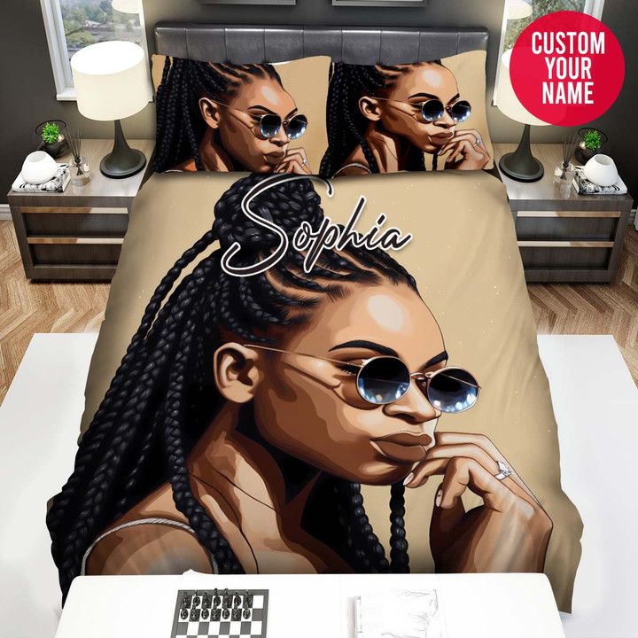 Personalized Pretty Black Girl Braids Hair Sunglasses Custom Name Duvet Cover Bedding Set