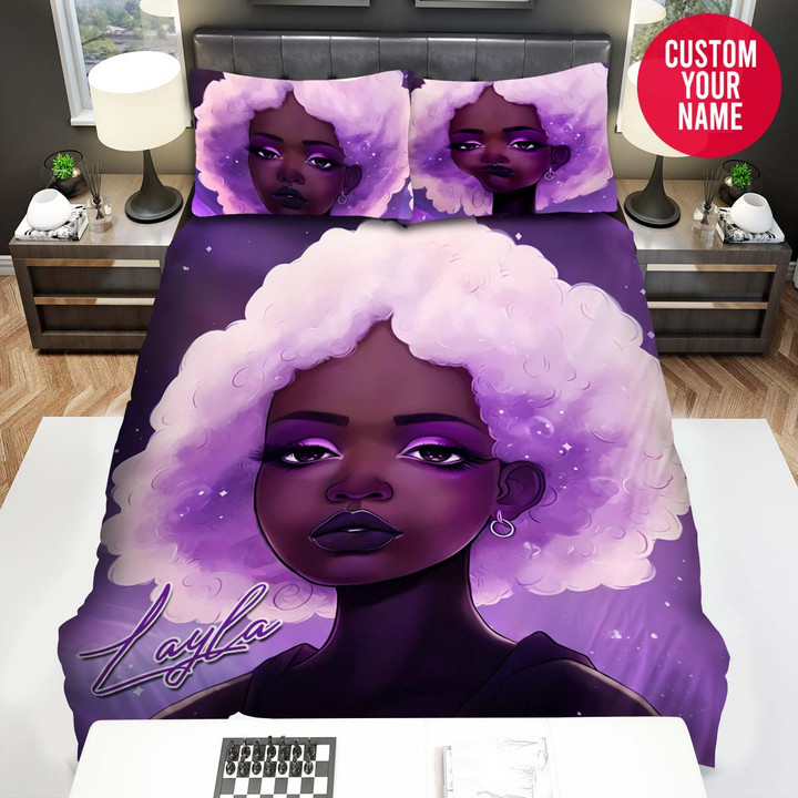 Personalized Black Girl Purple Afro Hairstyle Custom Name Duvet Cover Bedding Set