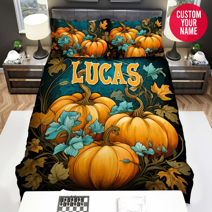 Personalized Halloween Pumpkins With Leaves Custom Name Duvet Cover Bedding Set
