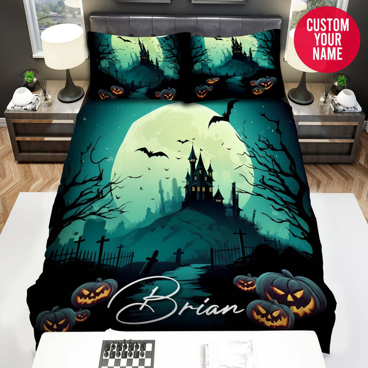 Personalized Halloween Castle At Night Custom Name Duvet Cover Bedding Set