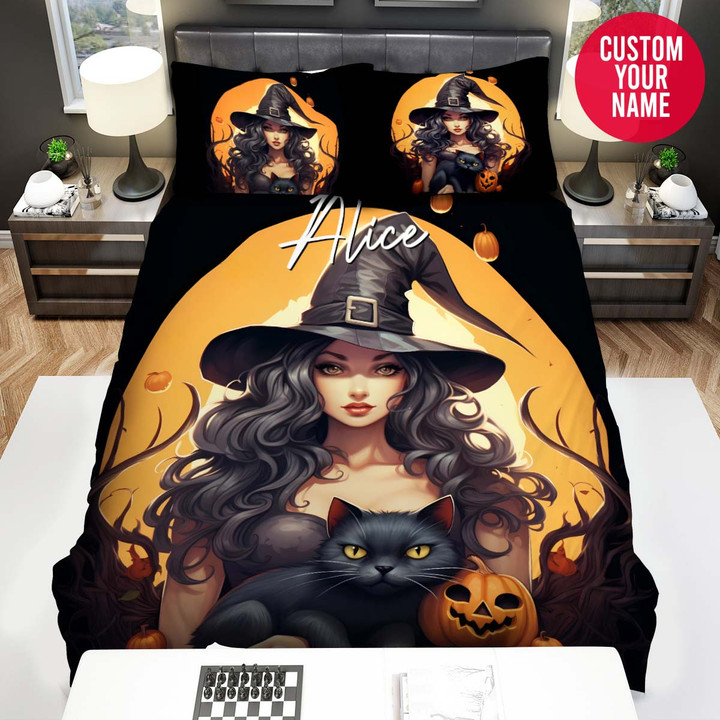 Personalized Halloween Black Girl With Cat Custom Name Duvet Cover Bedding Set