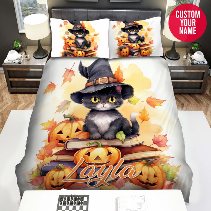 Personalized Halloween Cat Wear Witch Hat Custom Name Duvet Cover Bedding Set