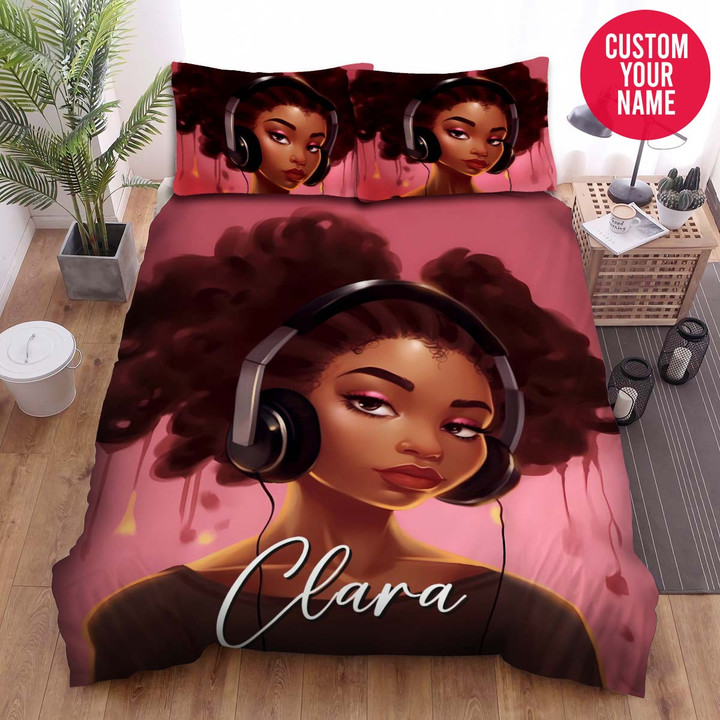 Personalized Black Girl Music Hot Pink Custom Name Duvet Cover Bedding Set