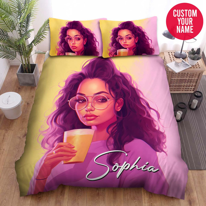 Personalized Black Girl Wearing Glasses Custom Name Duvet Cover Bedding Set