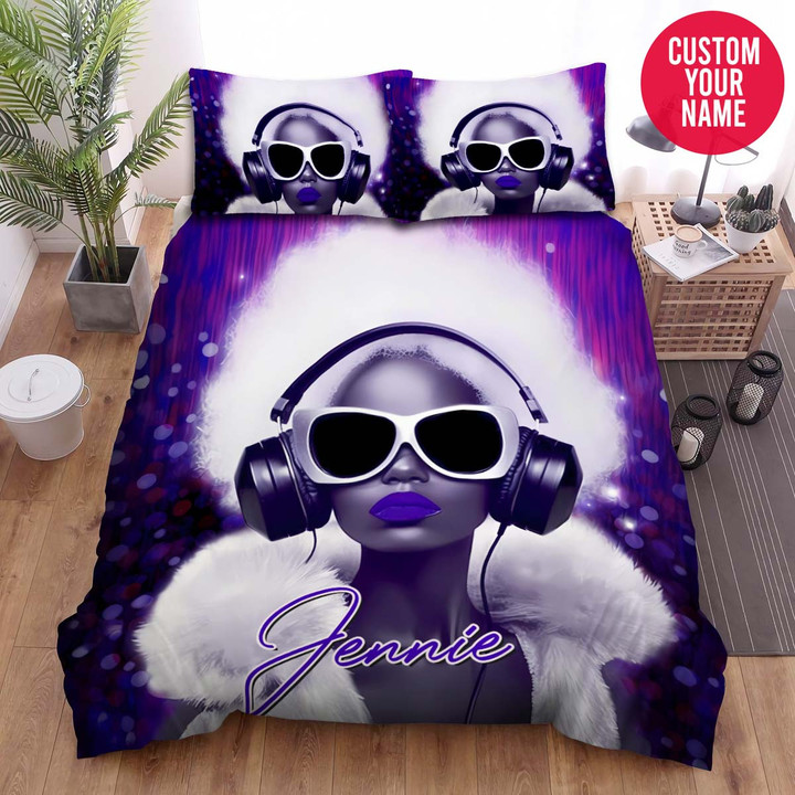 Personalized Black Girl Neon Music Custom Name Duvet Cover Bedding Set