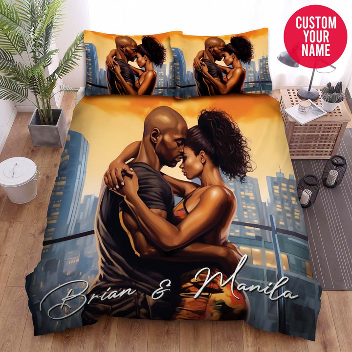 Personalized Black Couple Hug Together Custom Name Duvet Cover Bedding Set