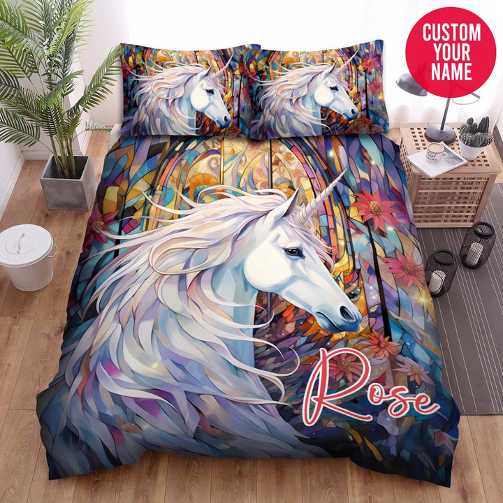 Personalized Unicorn Stained Glass Artwork Custom Name Duvet Cover Bedding Set